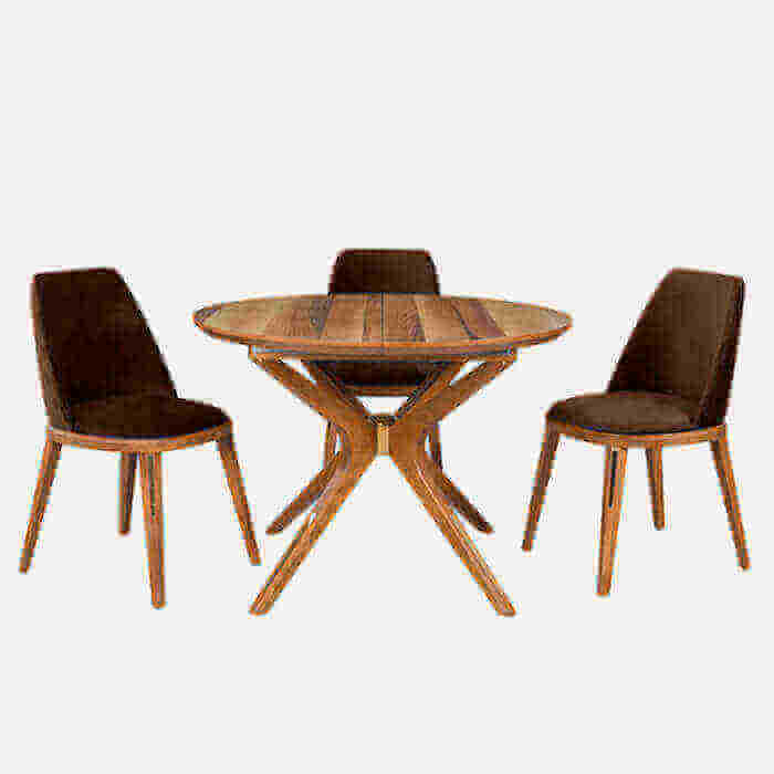 Modern wooden table and chair set featuring a round table with stylish legs and two matching brown chairs.