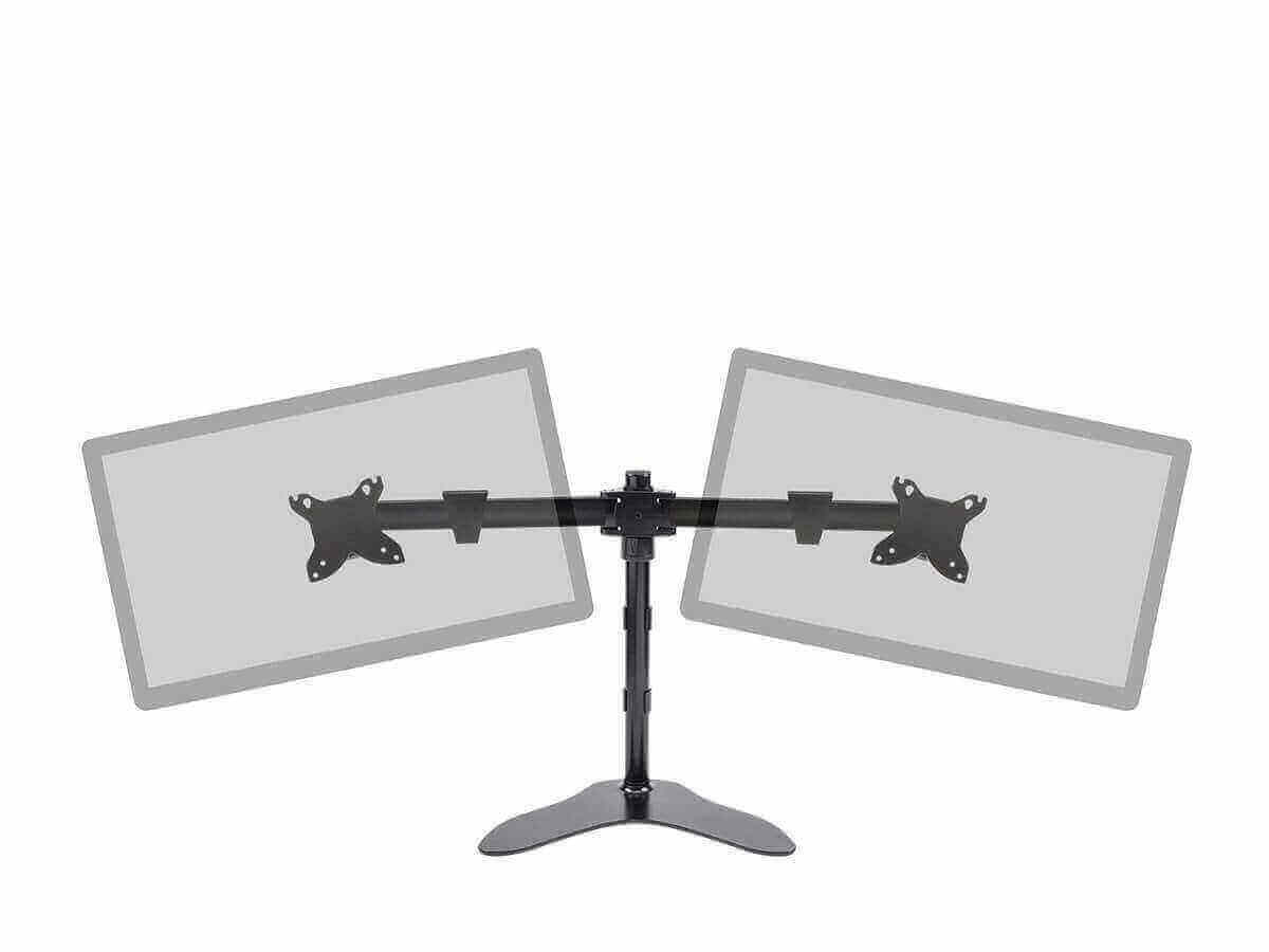 Dual monitor free standing desk mount with adjustable arms, suitable for screens 15-30 inches for ergonomic workspace.