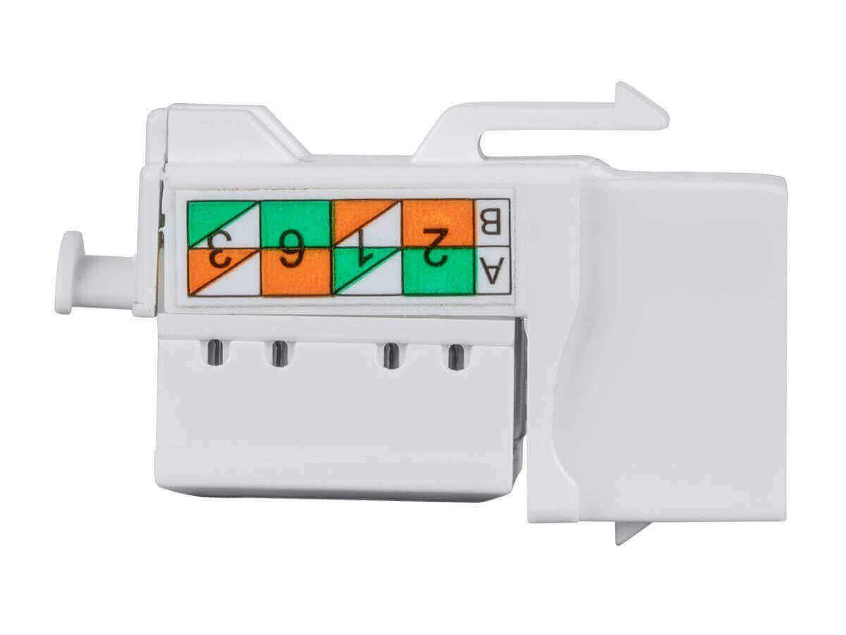 Cat6A 90 degree unshielded punch down keystone jack, 110 type IDC, compatible with 568A and 568B wiring.