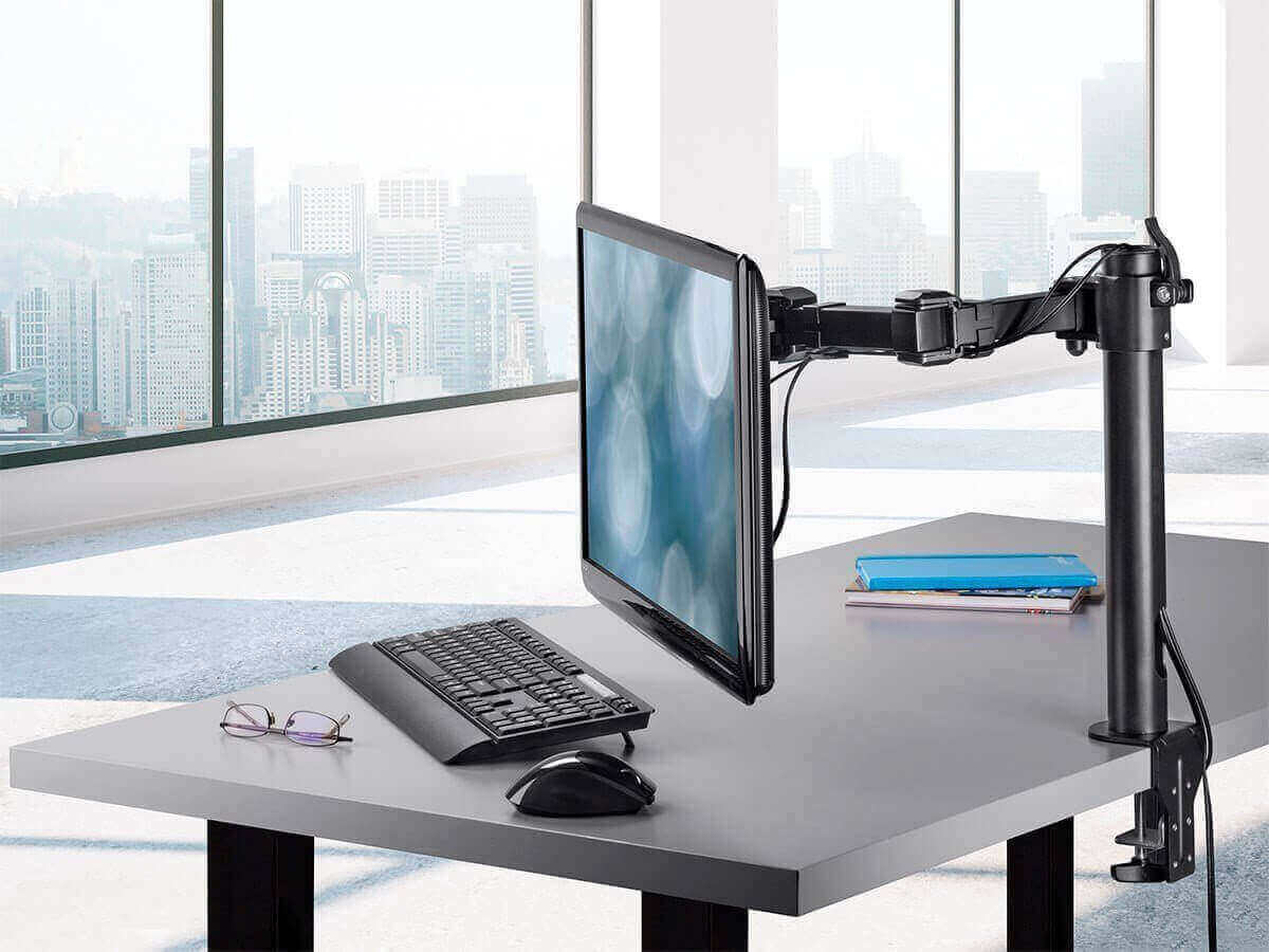 Essential Single Monitor Articulating Arm Desk Mount elevating a display for better posture, ideal for the 6th of January sale.