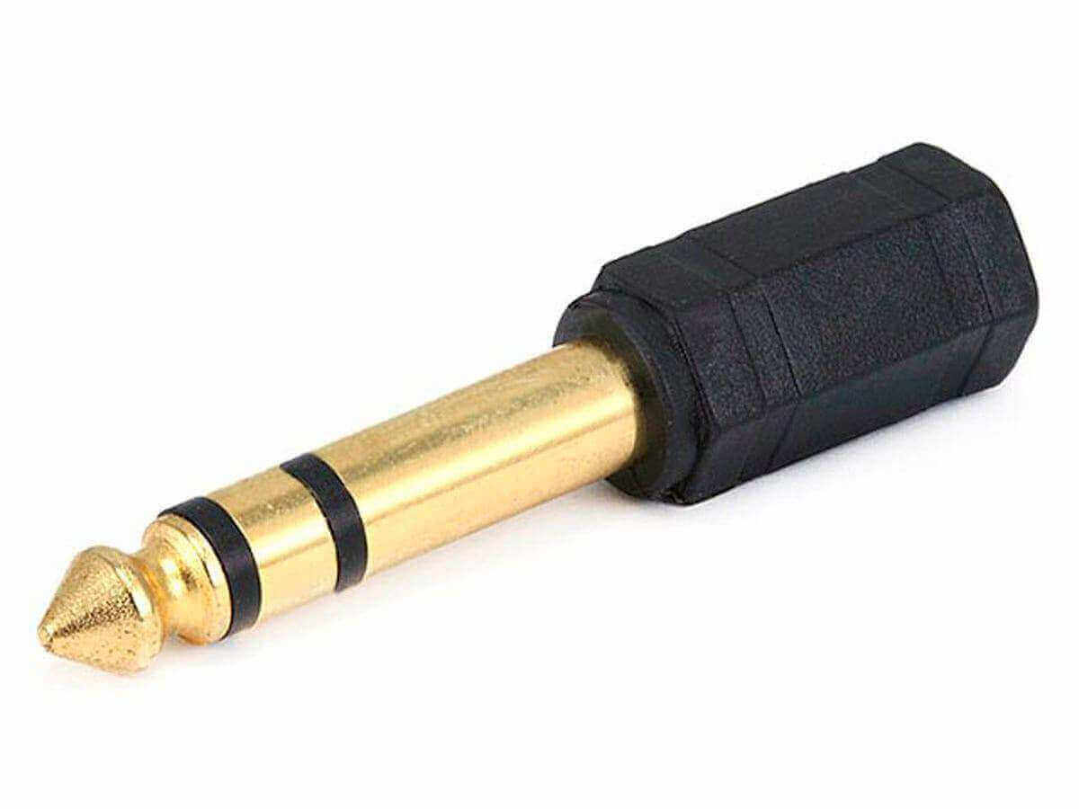 Monoprice TRS stereo plug adapter, 1/4in to 3.5mm, gold plated for high-quality audio connections.
