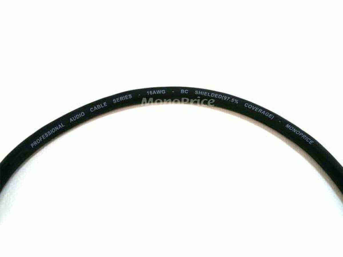 Close-up of Monoprice 1.5ft TRS cable with 16AWG and copper shielding, ideal for audio connections.