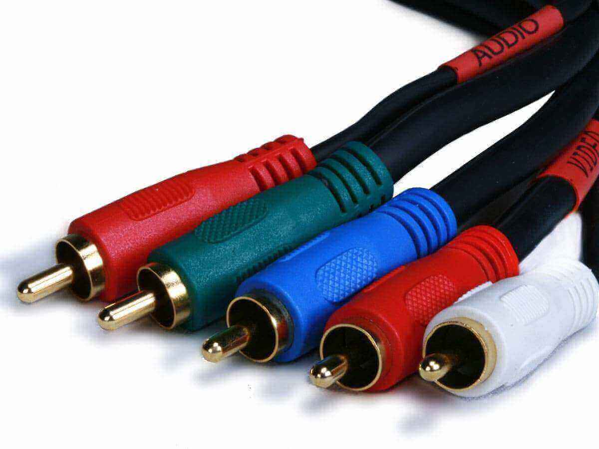 Monoprice 1.5ft 22AWG RCA cable featuring color-coded connectors for video and audio, perfect for home entertainment.
