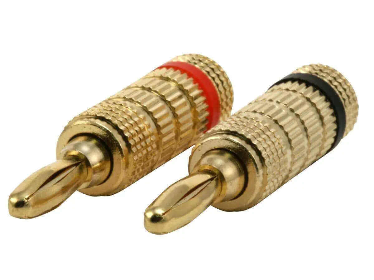 Monoprice high-quality gold plated speaker banana plugs with color-coded black/red rings for easy polarity identification.