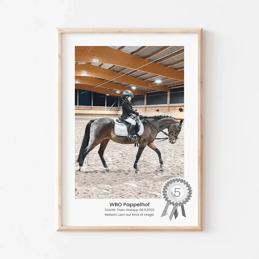 Framed print of a horse and rider in an indoor arena, showcasing equestrian achievement and a fifth-place ribbon.
