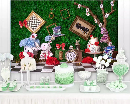 whimsical tea party setup with playful decorations, cakes, and sweets in green and white themes against a vibrant backdrop.