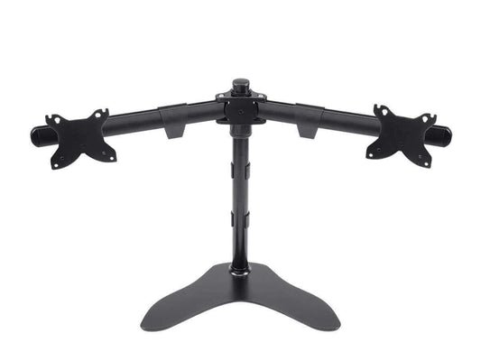 Dual monitor free-standing desk mount for 15-30 inch screens, adjustable design, made of high-grade aluminum and steel.