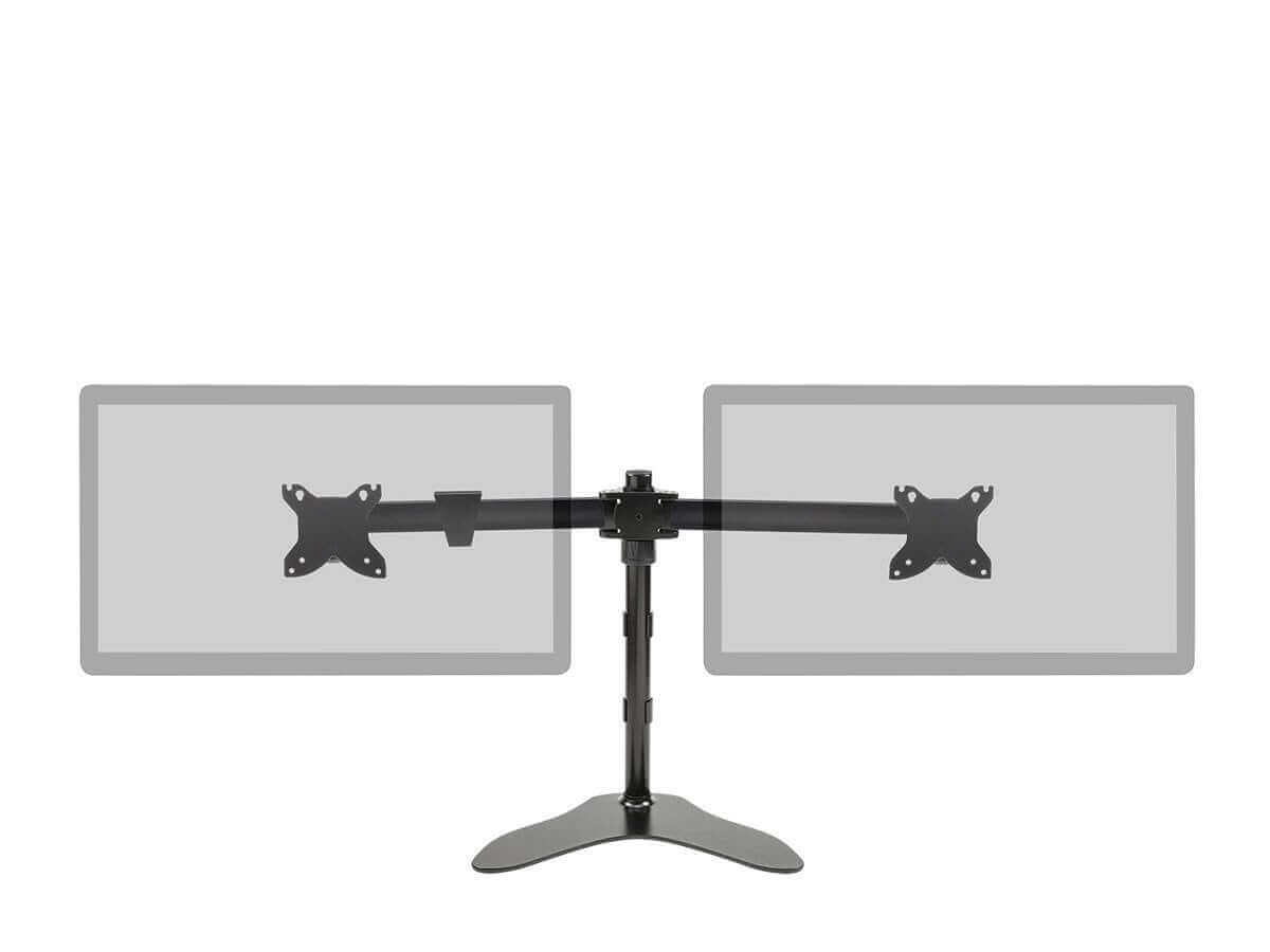 Dual monitor free standing desk mount supporting two screens sized 15-30 inches, made of high-grade aluminum and steel.