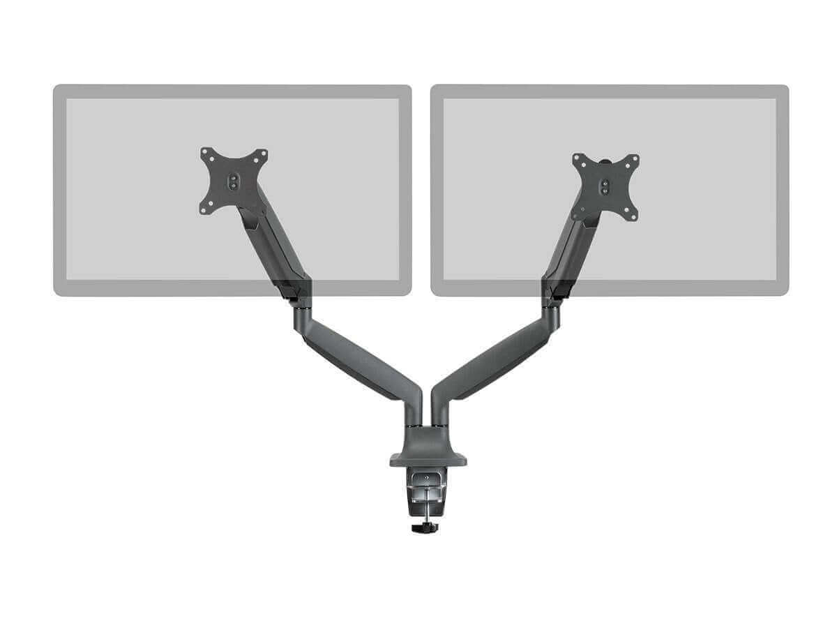 Dual monitor adjustable gas spring desk mount for 15in - 34in displays, designed to reduce desk clutter and enhance ergonomic positioning.