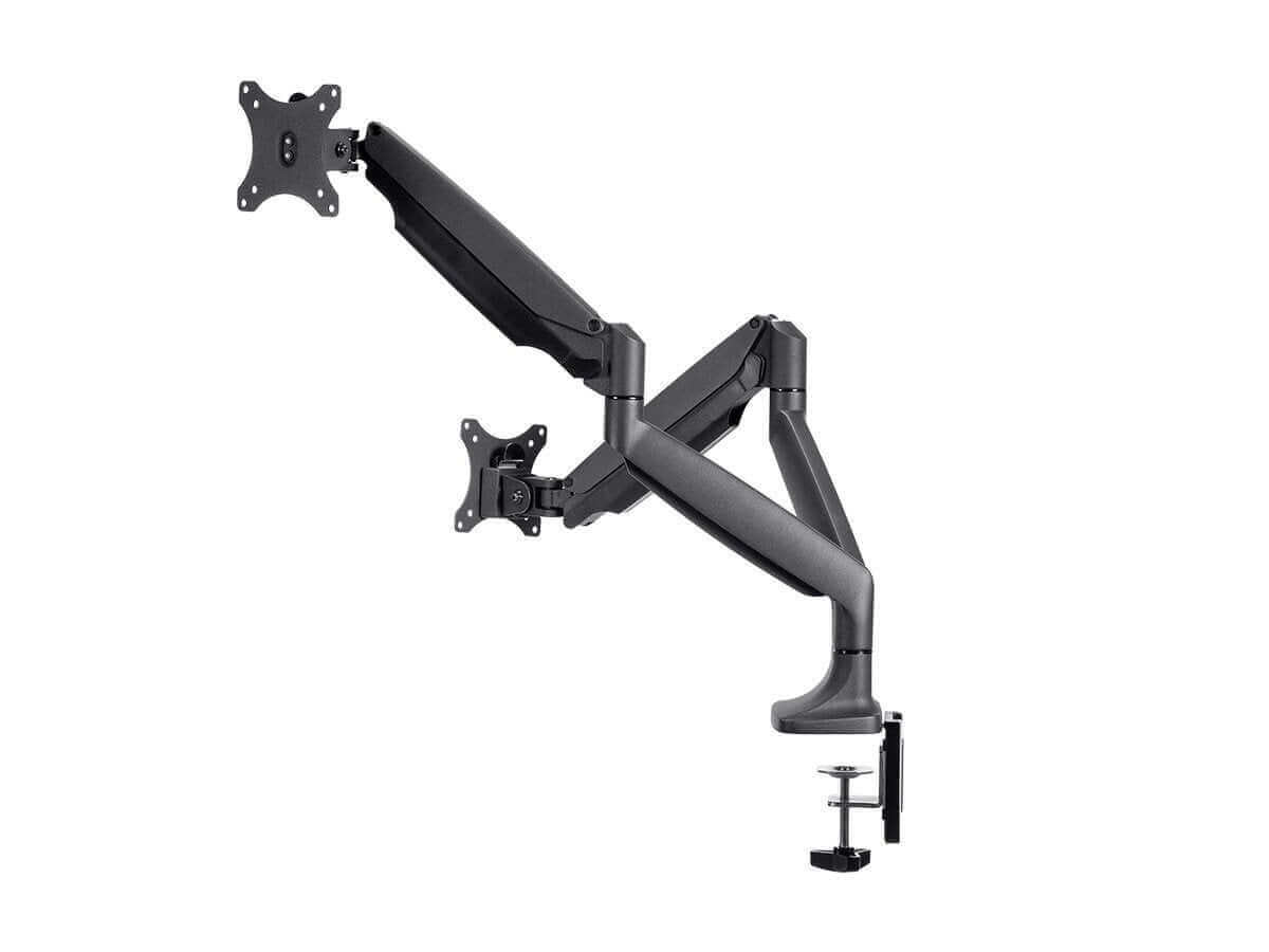 Dual monitor adjustable gas spring desk mount for 15-34 inch screens, enhancing workspace ergonomics and organization