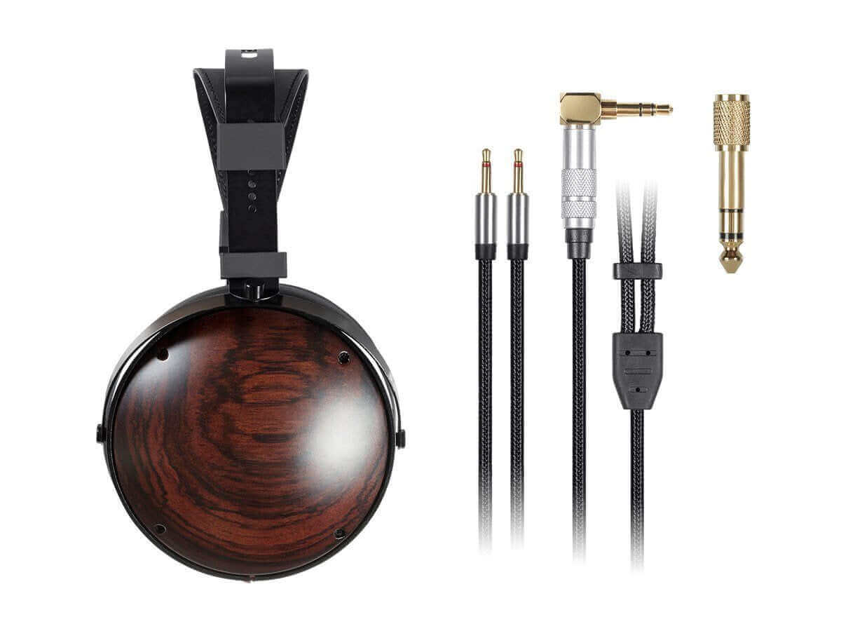 Monolith M1060C planar headphones with wood grain finish and detachable cables with adapters.