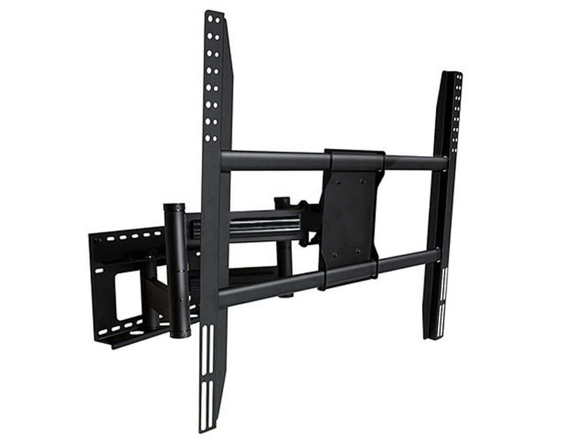 Full motion black wall mount bracket for extra large TVs, supports up to 182cm and 136kg, adjustable angles.