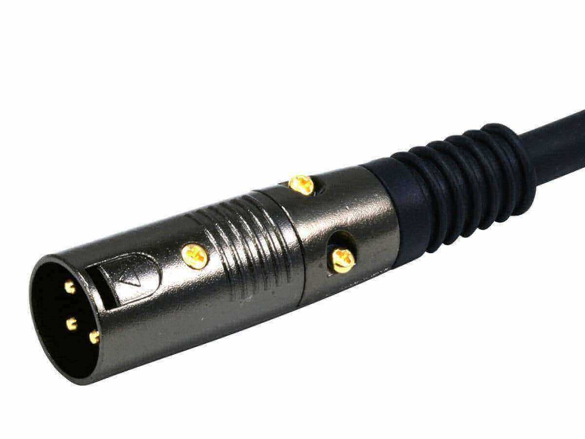 Close-up of a gold-plated XLR male connector for Monoprice 1.5ft balanced audio cable. Ideal for pro audio setups.