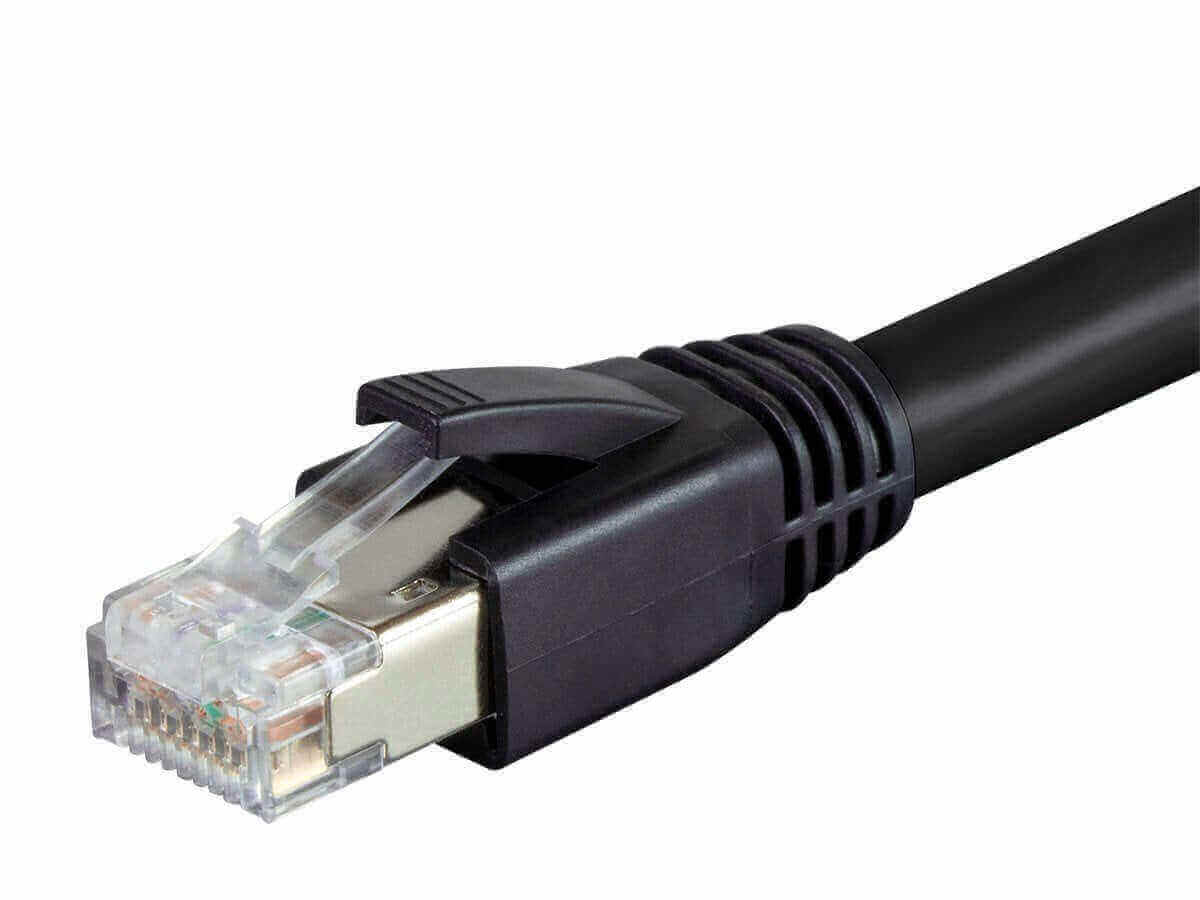 Close-up of a Monoprice Cat8 24AWG S/FTP Ethernet cable connector, perfect for high-speed data transfers. 6th of January sale!