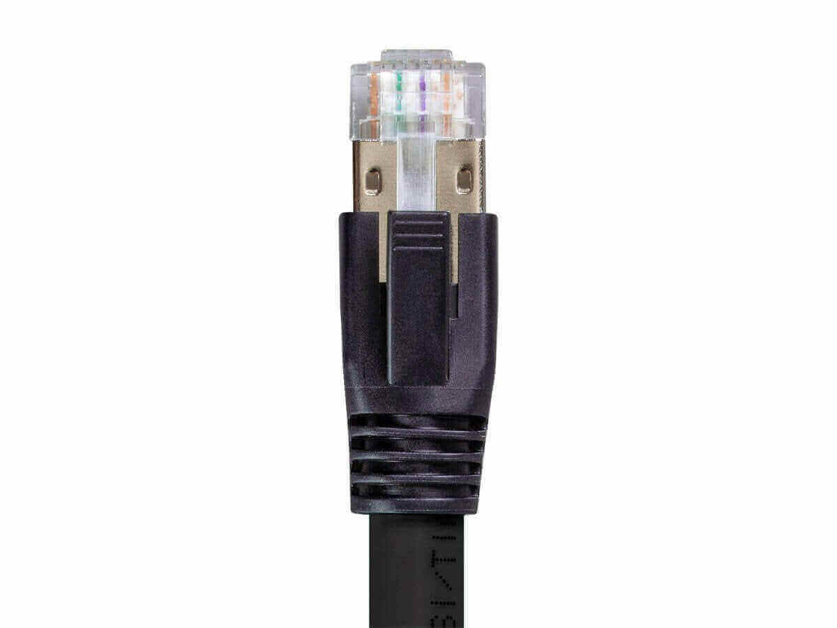 Close-up of a black Cat8 Ethernet cable RJ45 connector, ideal for high-speed data transfer up to 40Gbps.