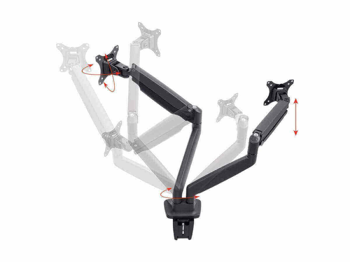 Dual monitor adjustable gas spring desk mount with articulating arms for ergonomic display positioning.