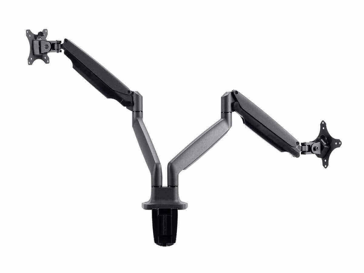 Dual monitor adjustable gas spring desk mount with articulating arms for optimal viewing, perfect for the 6th of January sale.