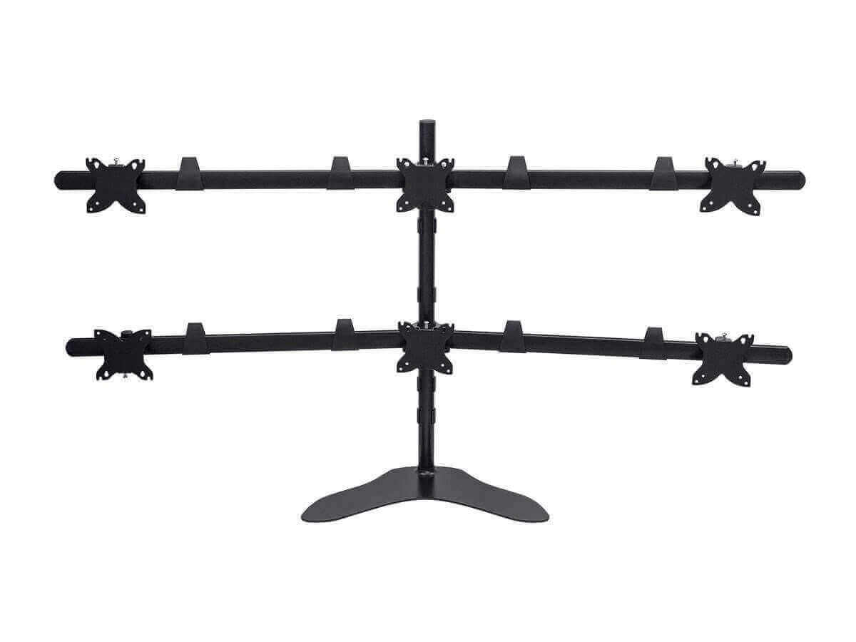 Hex monitor desk mount for 6 screens, supports 15-30 inch monitors, stable V-shaped base.