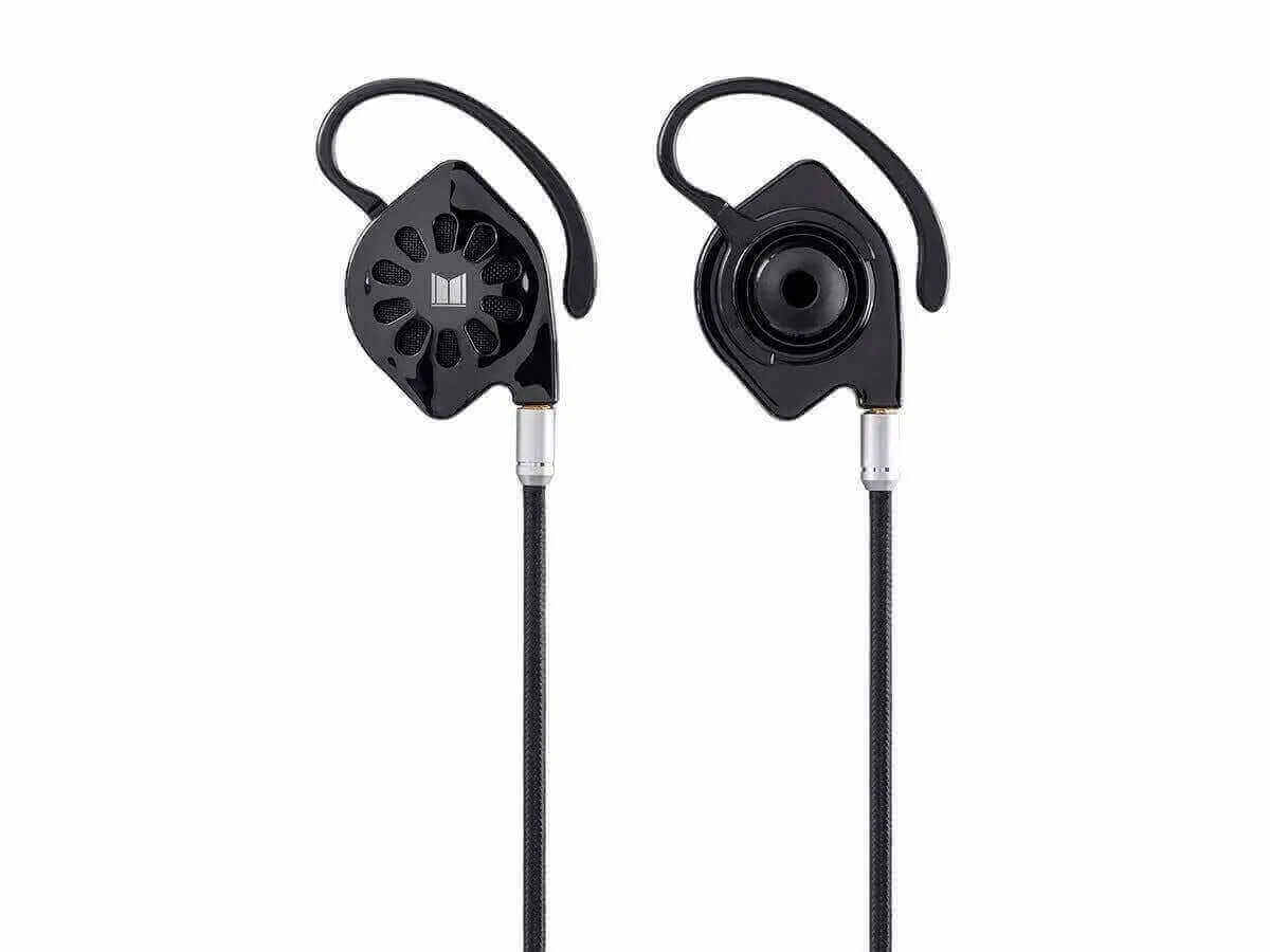 Monolith M300 earphones featuring secure earhooks, ideal for the 6th of January sale, showcasing black and clear designs.
