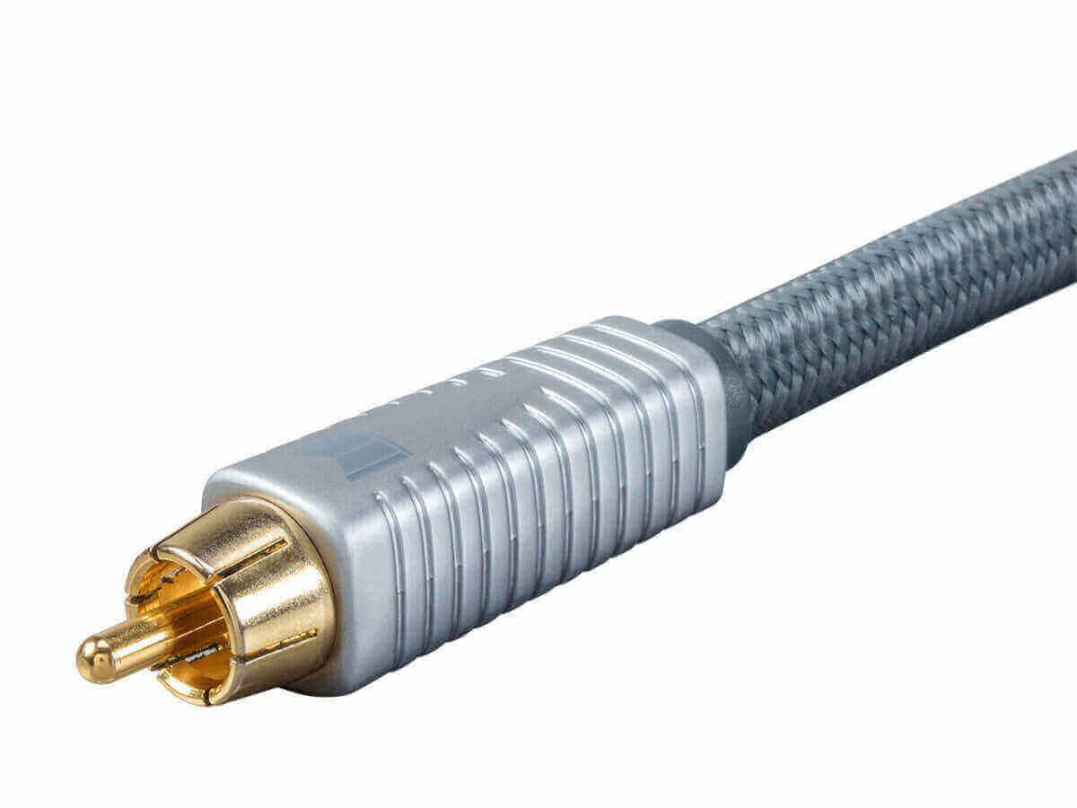 Monolith RCA Cable connector, 24K gold plated, featuring OFC copper braided shield, ideal for high-quality audio. January 6th sale.