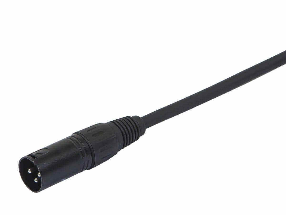 Close-up of Monoprice 3-pin DMX Lighting cable connector for reliable digital data transmission.