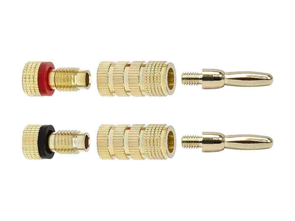 Monoprice gold plated speaker banana plugs set, designed for safe connections to amplifiers or speakers, perfect for 6th of January sale.