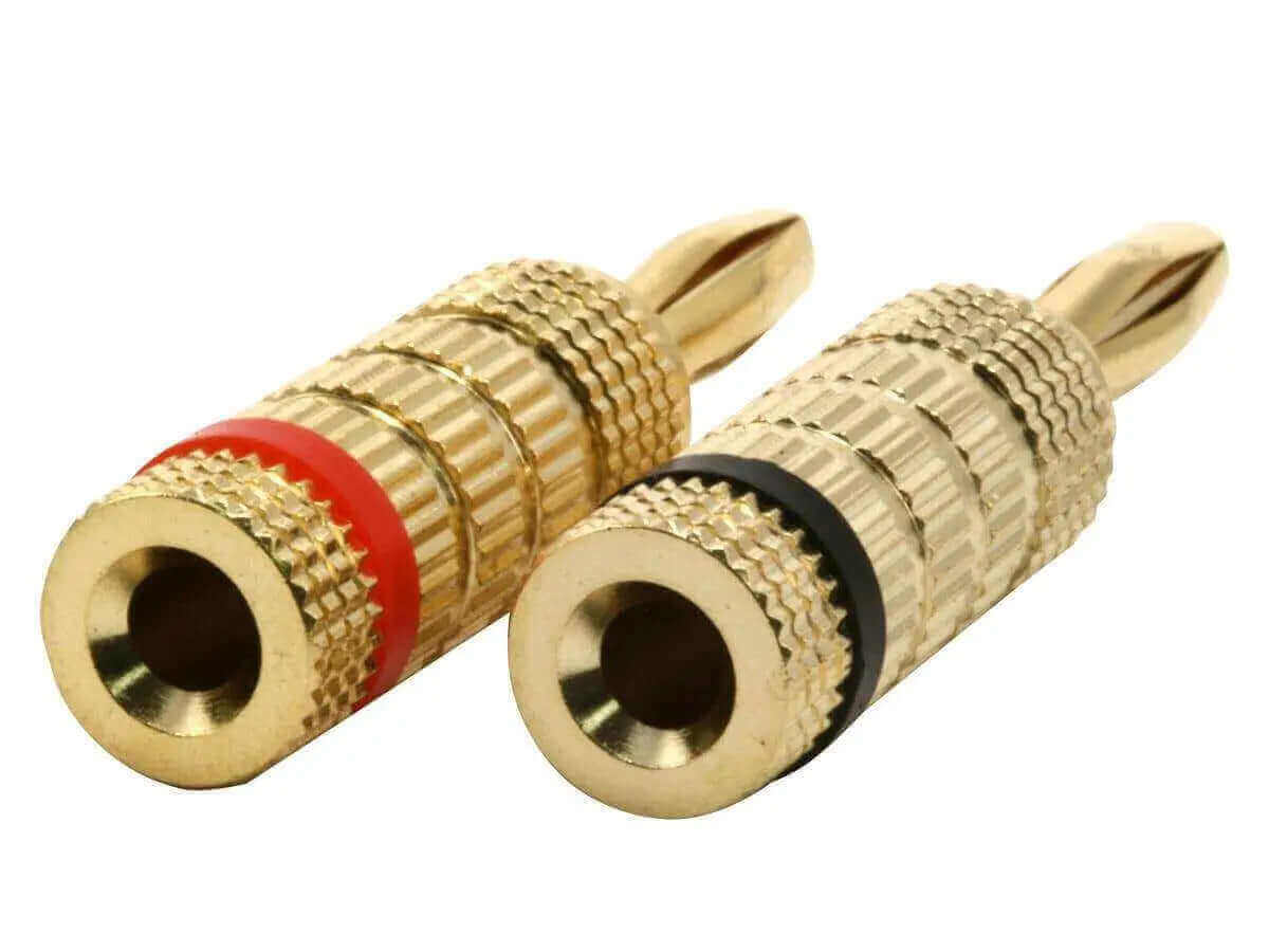 Monoprice high-quality gold plated speaker banana plugs with color-coded red and black rings for proper polarity.