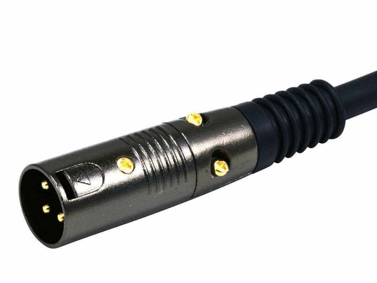 Close-up of a gold-plated XLR male connector for Monoprice 1.5ft balanced audio cable. Ideal for pro audio setups.