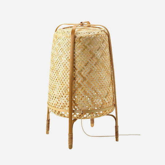 Hand-woven wooden lamp showcasing intricate design, perfect for stylish home decor and ambient lighting.